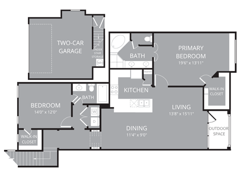 Floor plan for 2 beds, 2 baths, 1387 sqft